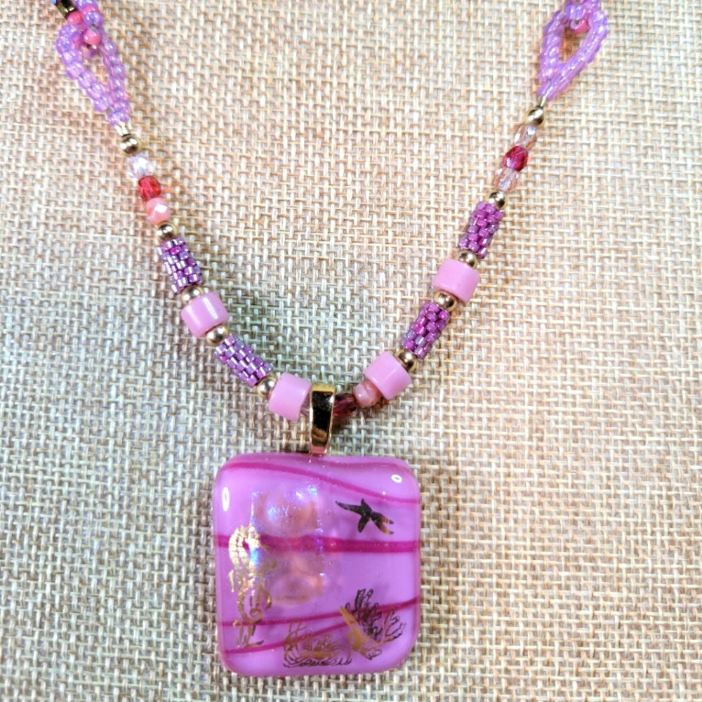 Pink & Cranberry Beaded Necklace w/ 18K Ocean Decals Handmade by Lynn Smythe